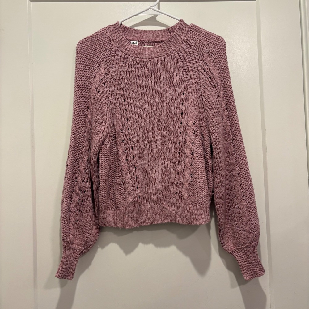 American Eagle Pink Cable Knit Balloon Sleeve Sweater XS Dusty Rose Crew Neck